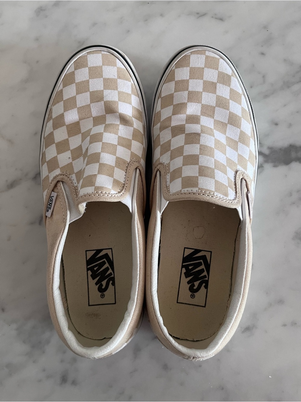 Vans Classic Slip-On Beige White Checkerboard Sneakers, Size 9 Women’s